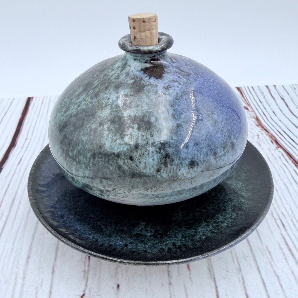 French Studio Pottery Oil Bottle and Saucer Set Blue Teal‎ Reactive Glaze Cork